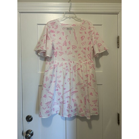 Petal and Pup Maggie Elias Dress Size Large Pink Hearts Babydoll Flutter Sleeve - Picture 5 of 5